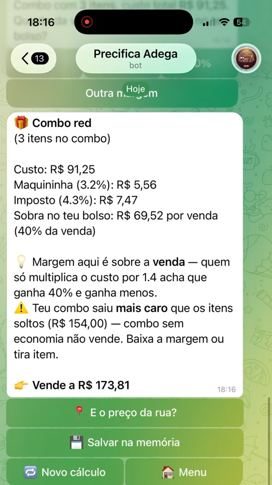 Print do bot avisando que o combo ficou caro