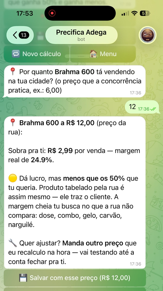 Print do bot: quanto sobra no preço da rua